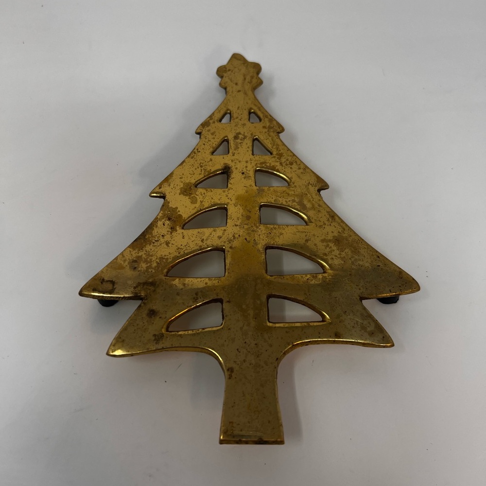Vintage Hampton Brass Christmas Tree Trivet Hot Plate Holder  Holiday Retro